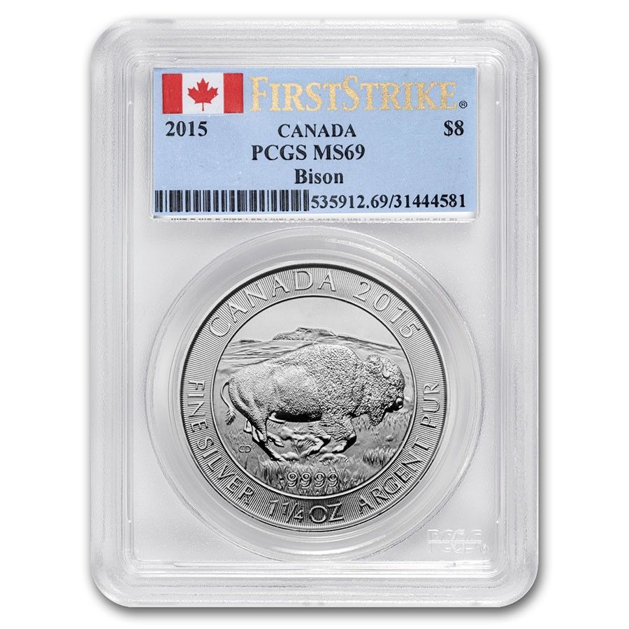 2015年カナダ 1.25オンス シルバー $8 バイソン MS-69 PCGS