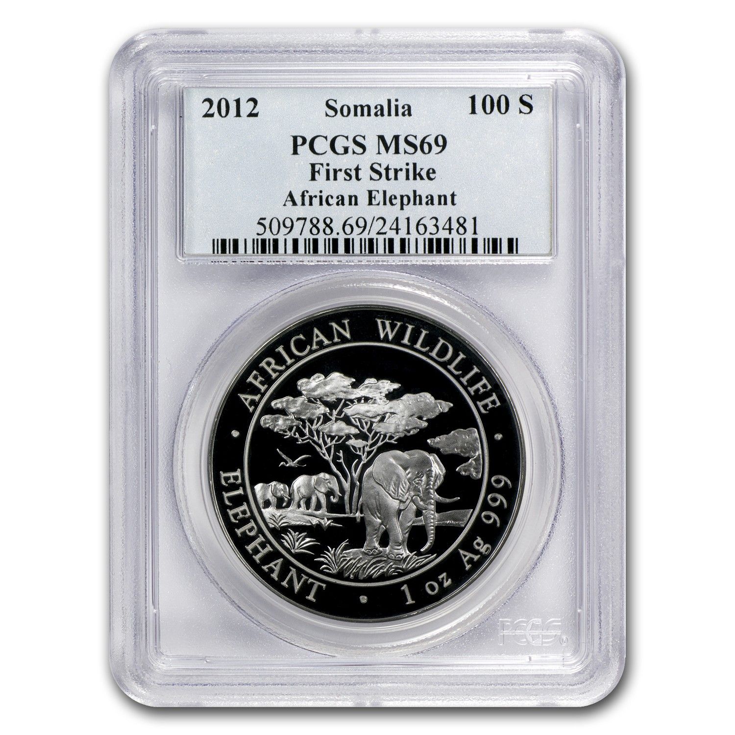 2012年 ソマリア 1オンス シルバー アフリカゾウ MS-69 PCGS (FS
