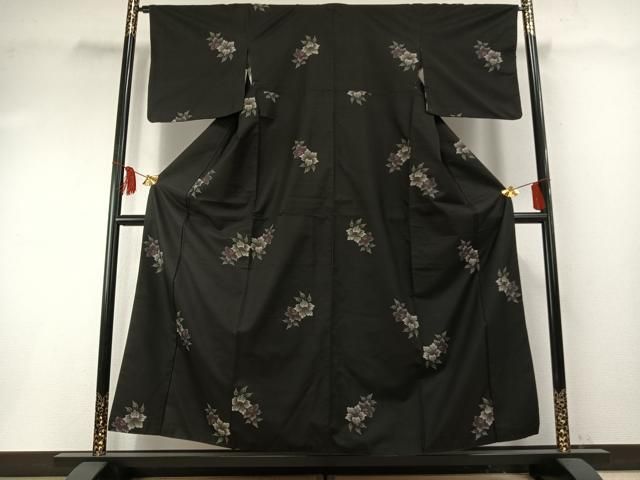 小紋　大島紬　カタス　着物　フルセット　正絹　花　薔薇　黒　F6 小紋 大島紬 カタス 着物 フルセット 正絹 花 薔薇 黒 F6 大島紬 藍と