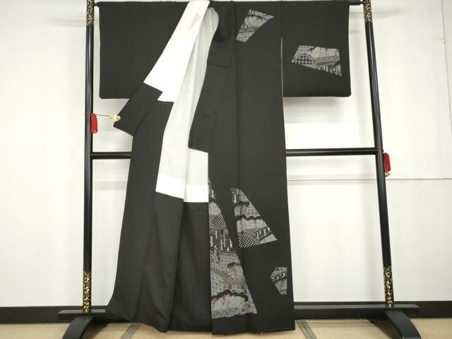 平和屋着物●女優・吉永小百合　訪問着　風景枝葉文　黒地　正絹　逸品　AABG2730cs 平和屋着物○女優・吉永小百合 訪問着 風景枝葉文 黒地 正絹 逸品