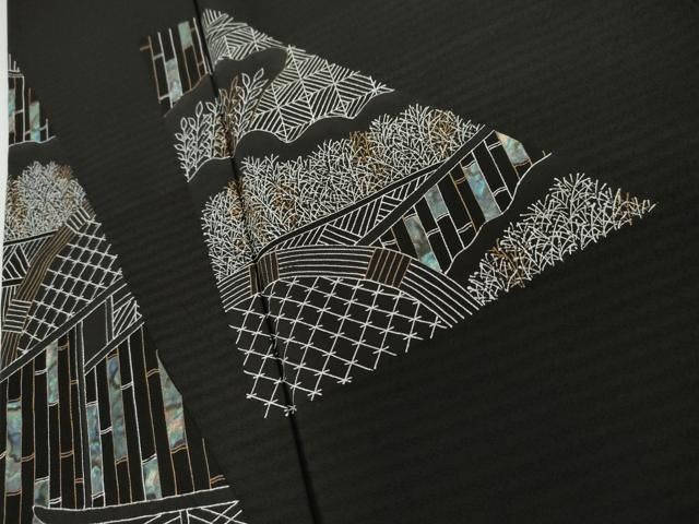 平和屋着物●女優・吉永小百合　訪問着　風景枝葉文　黒地　正絹　逸品　AABG2730cs 平和屋着物○女優・吉永小百合 訪問着 風景枝葉文 黒地 正絹 逸品