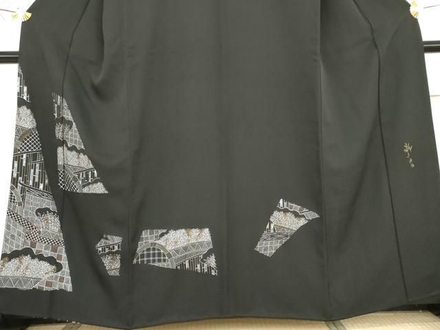 平和屋着物●女優・吉永小百合　訪問着　風景枝葉文　黒地　正絹　逸品　AABG2730cs 平和屋着物○女優・吉永小百合 訪問着 風景枝葉文 黒地 正絹 逸品
