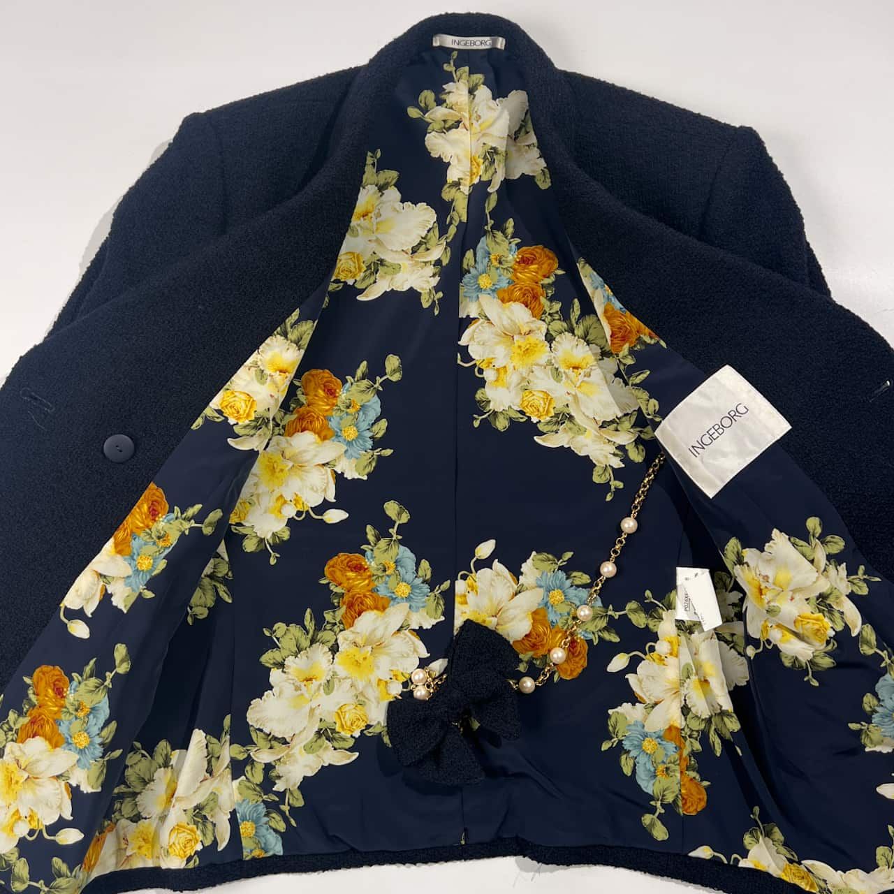 上下 INGEBORG インゲボルグ セットアップ 裏地花柄 金ボタン ウール