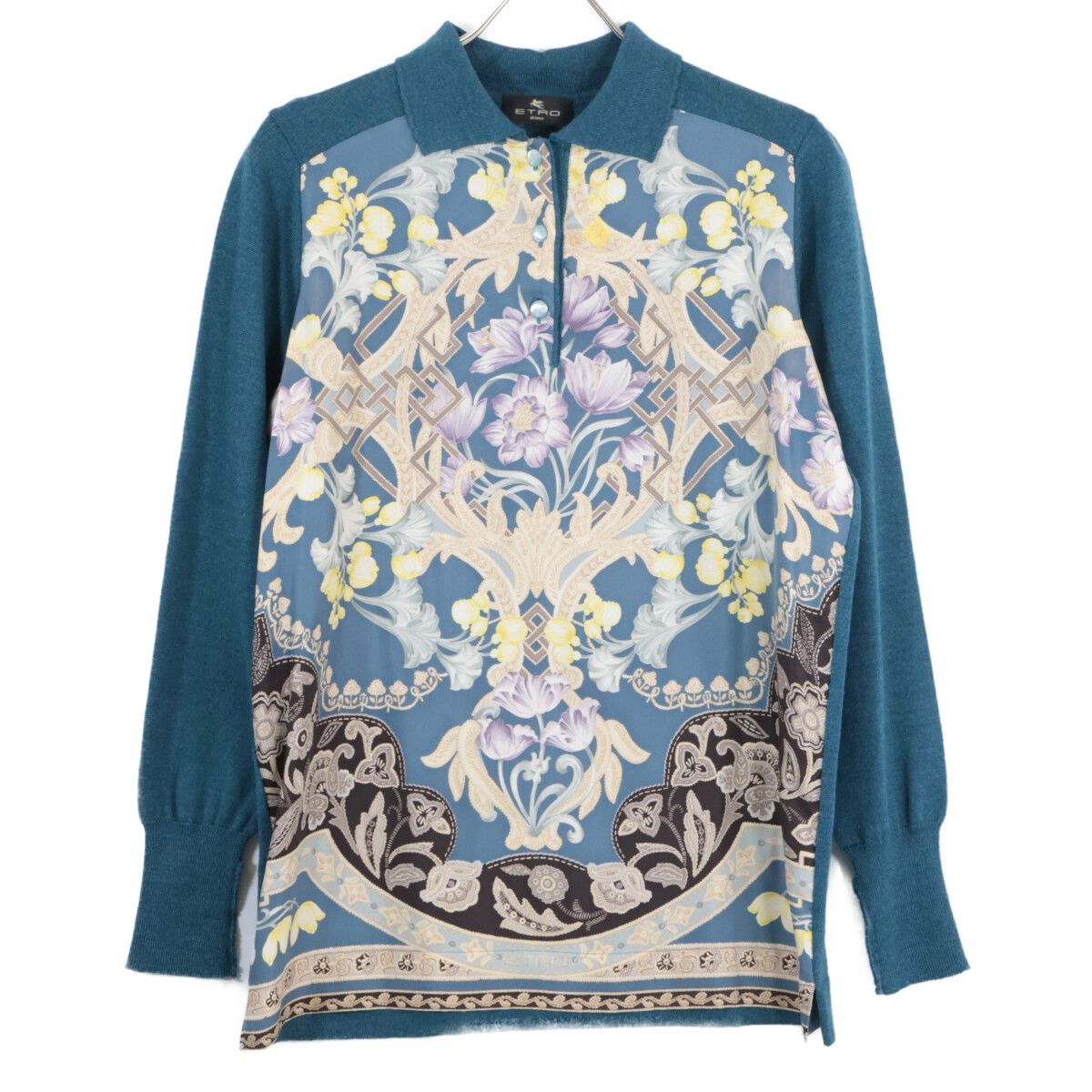 ETRO エトロ ﾌﾞﾙｰ ｳｰﾙ×ｼﾙｸ 花柄ﾌﾟﾘﾝﾄ 長袖ﾆｯﾄ 40 - メルカリ