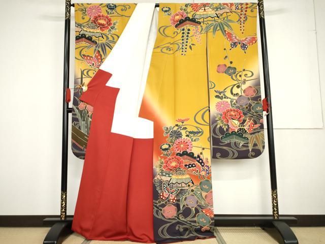 平和屋着物○手ざし京紅型染・宮崎紅型 宮崎良次 振袖 鴛鴦花蝶文 暈し
