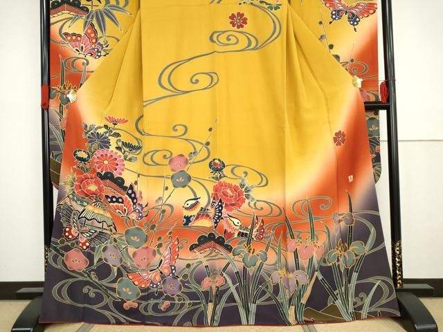 平和屋着物●手ざし京紅型染・宮崎紅型　宮崎良次　振袖　御所解花文　暈し染め　正絹　逸品　CABE7148ut 平和屋着物○手ざし京紅型染・宮崎紅型 宮崎良次 振袖 鴛鴦花蝶文 暈し