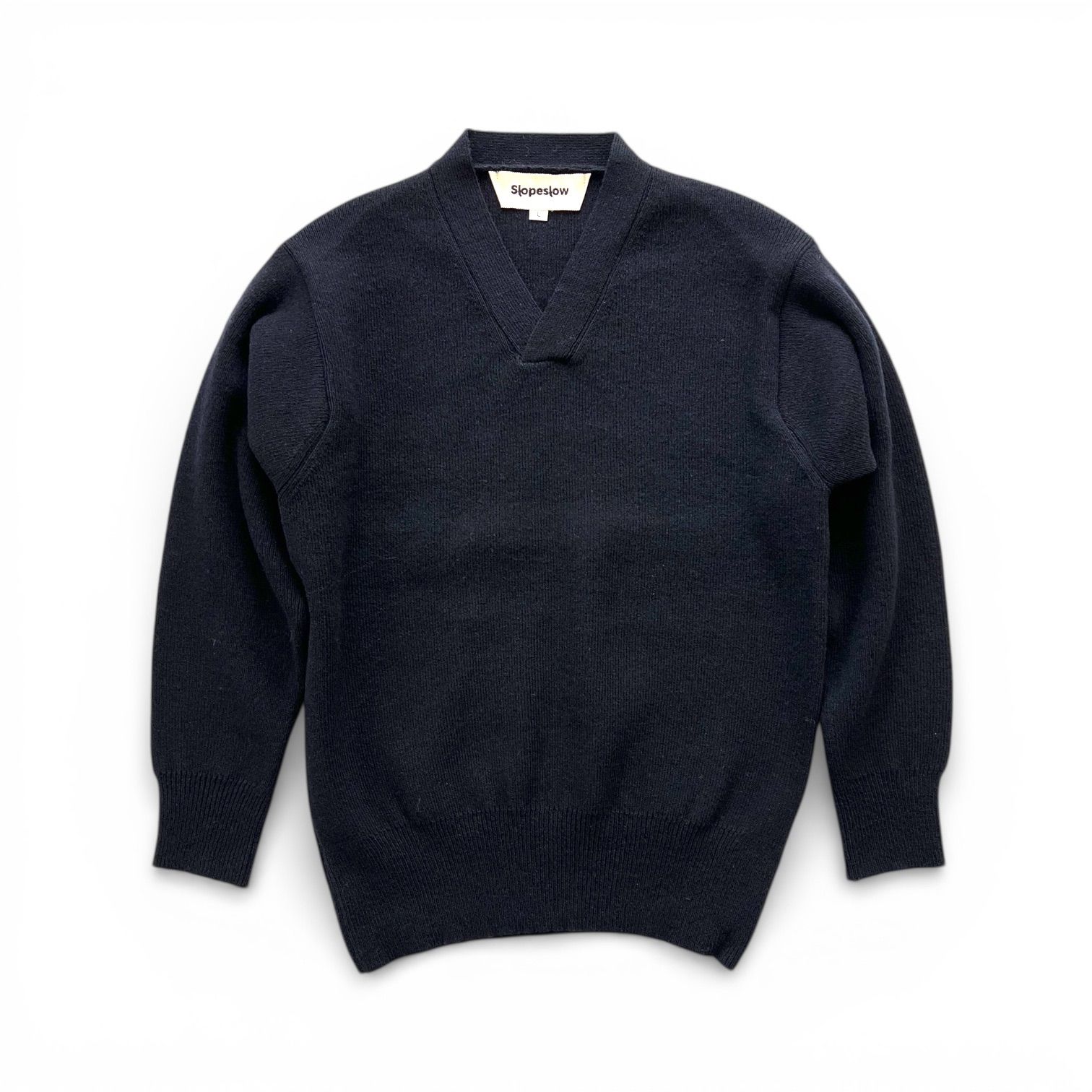slopeslow スロープスロウ Hard twisted Shetland wool cross V neck