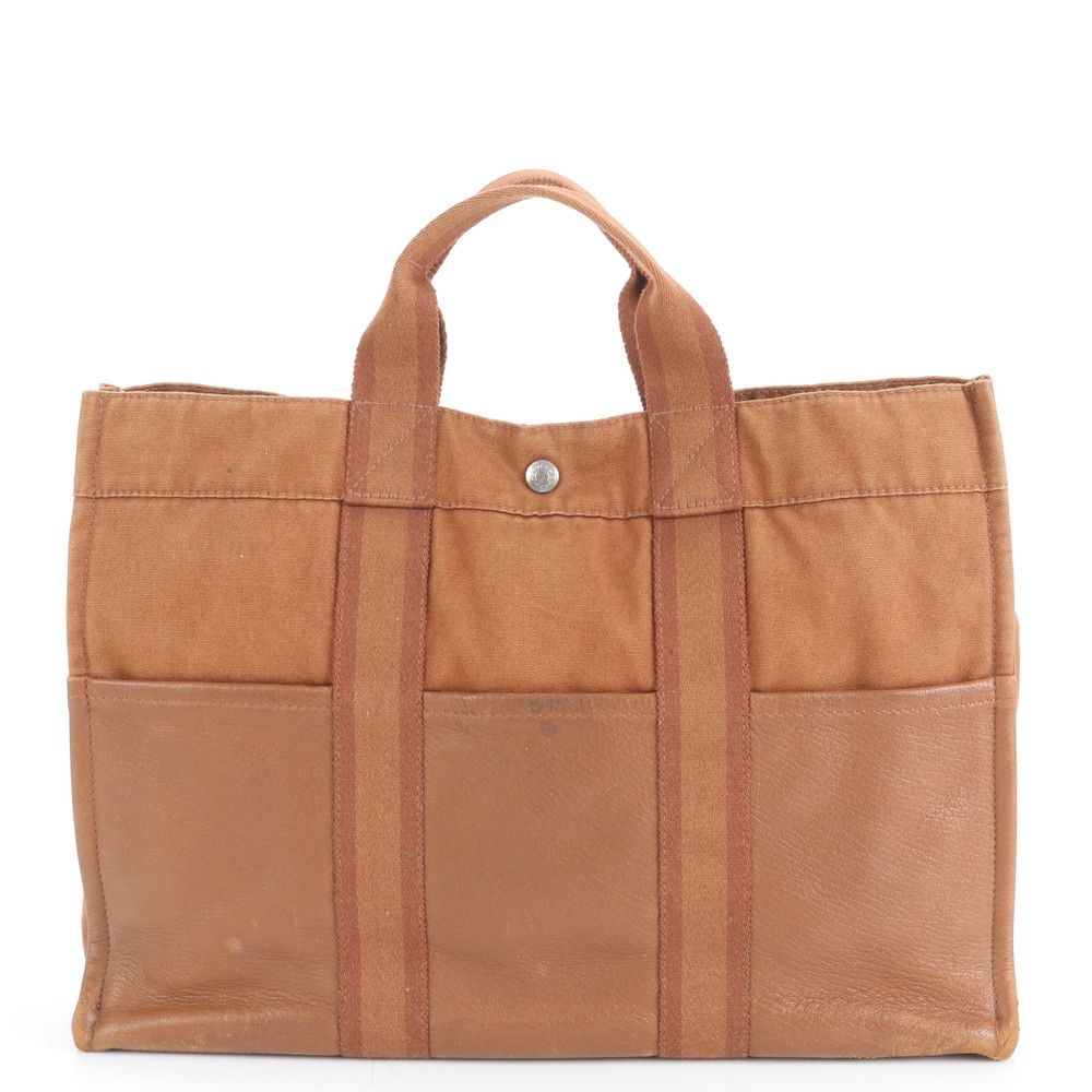 エルメス フールトゥMM ハーフレザー ブラウン キャンバス シルバー金具 美品 エルメス フールトゥ MM ハーフ レザー トート バッグ ビジネス
