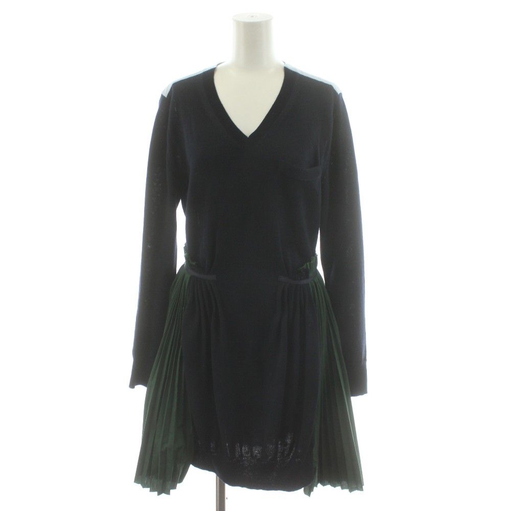 サカイ sacai ニットワンピース ひざ丈 長袖 ドッキング プリーツ 1 紺