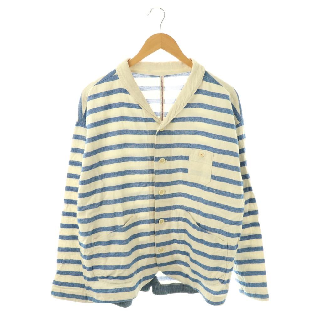 快晴堂 ボーダー コットンジャケット リネン混 オフホワイト ブルー  