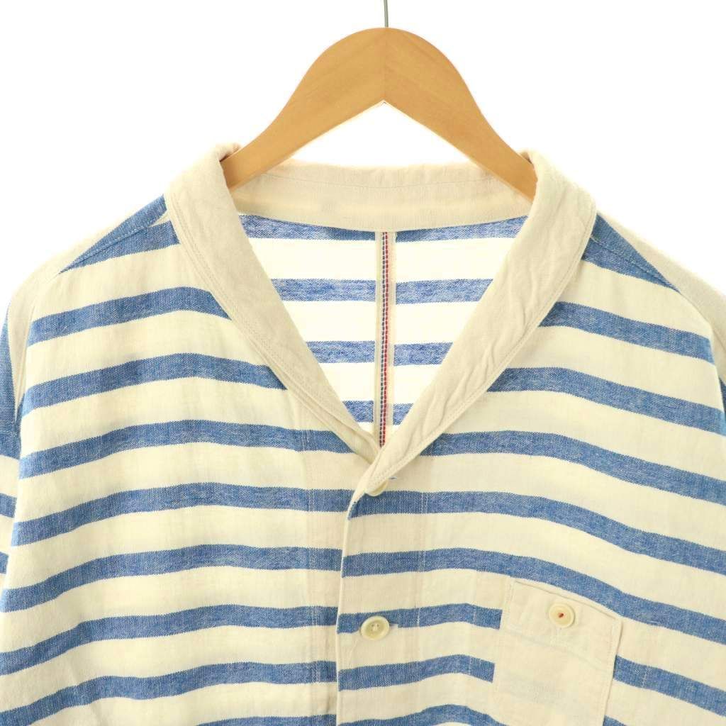 快晴堂 ボーダー コットンジャケット リネン混 オフホワイト ブルー  