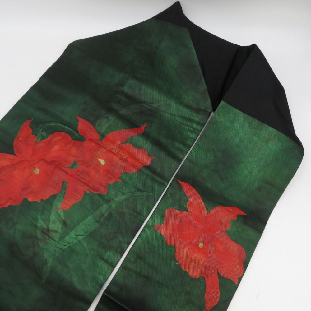 名古屋帯 正絹 深緑色x赤色x黒色 お太鼓柄 花紋様 仕立て上がり 着物