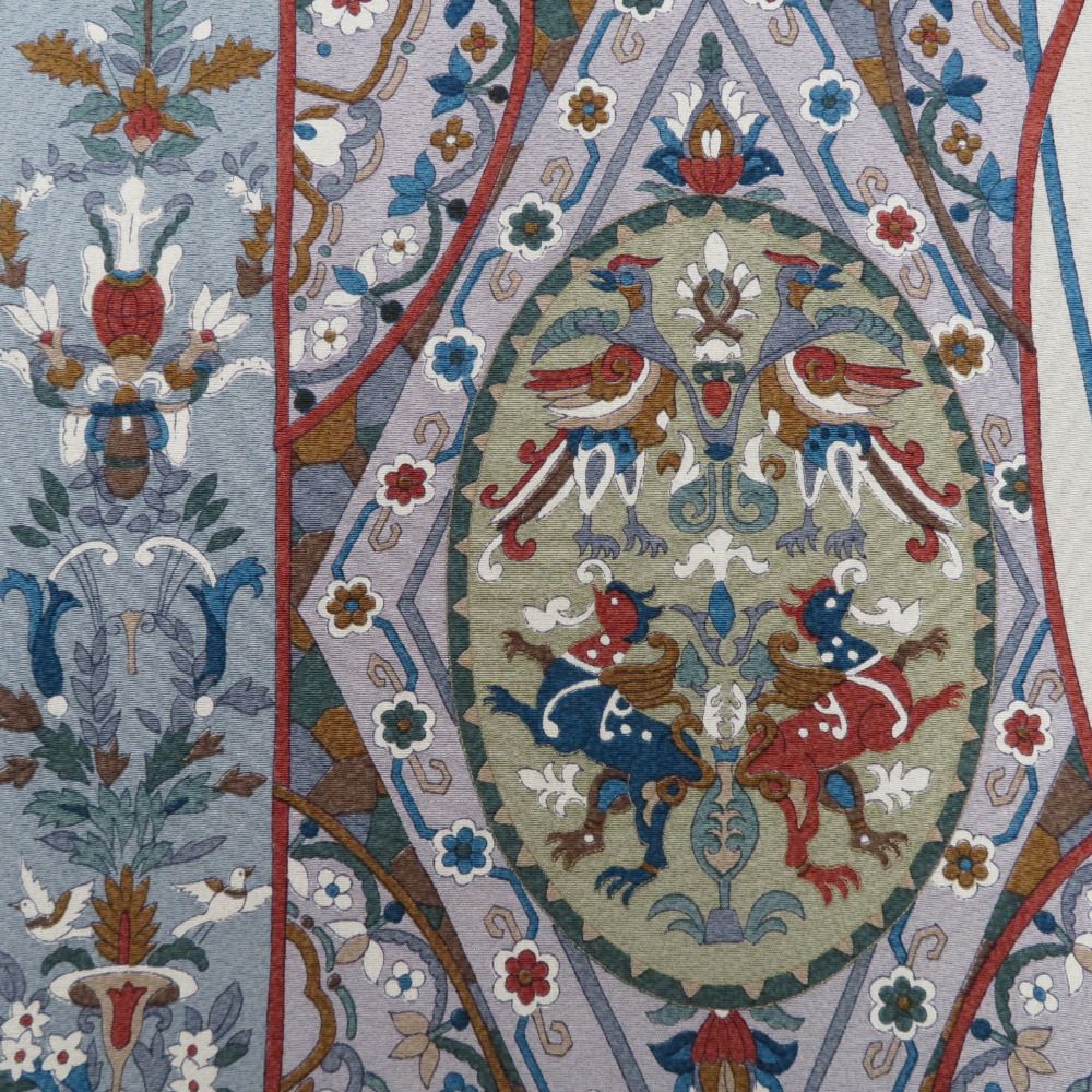 名古屋帯 正絹 染め模様 薄緑色x多色 エスニック調 花鳥紋様 六通柄 名古屋帯 正絹 染め模様 薄緑色x多色 エスニック調 花鳥紋様 六通柄