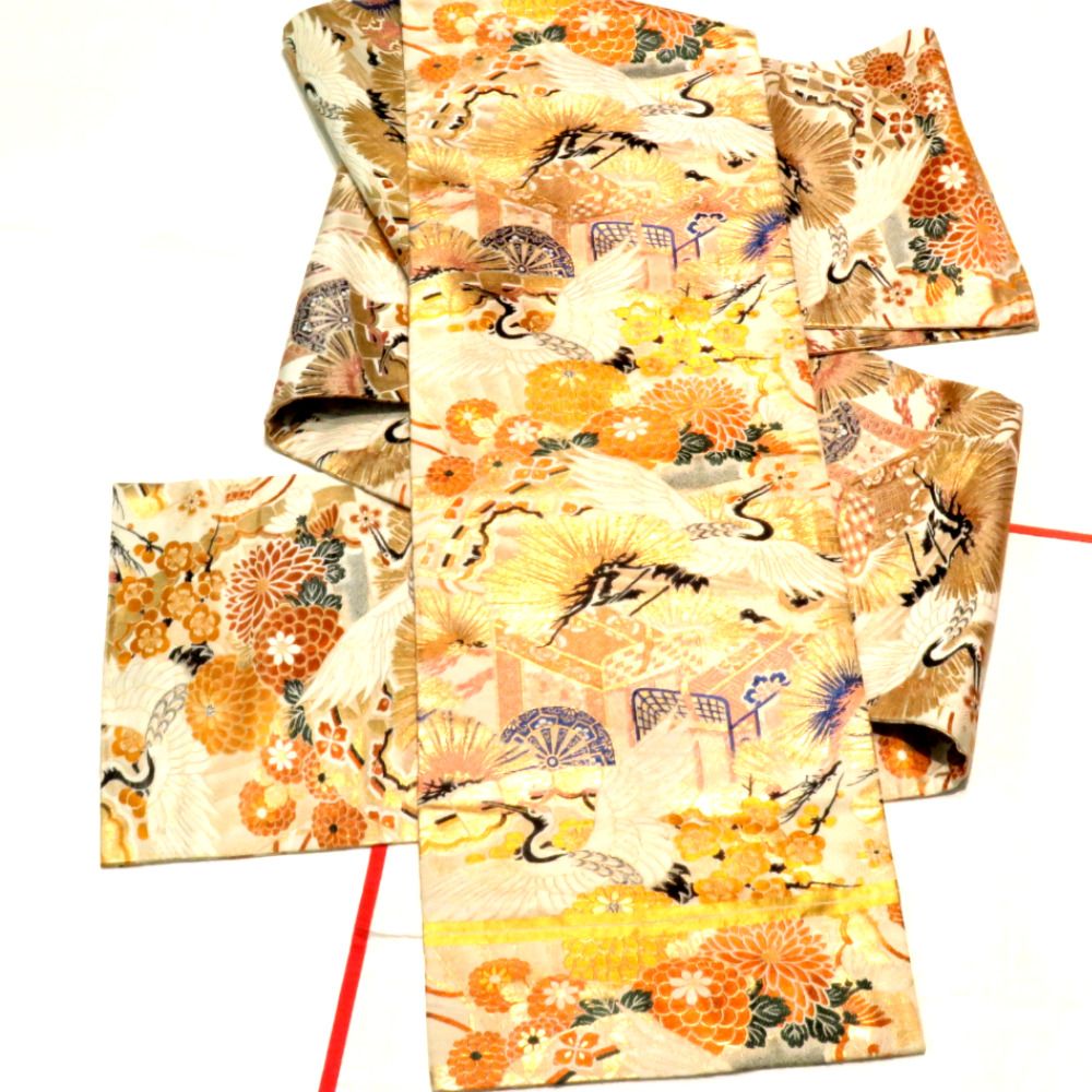 丸帯 アンティーク帯 昔丸帯 絹 薄ベージュ×多色 御所車 鶴 松 花文様