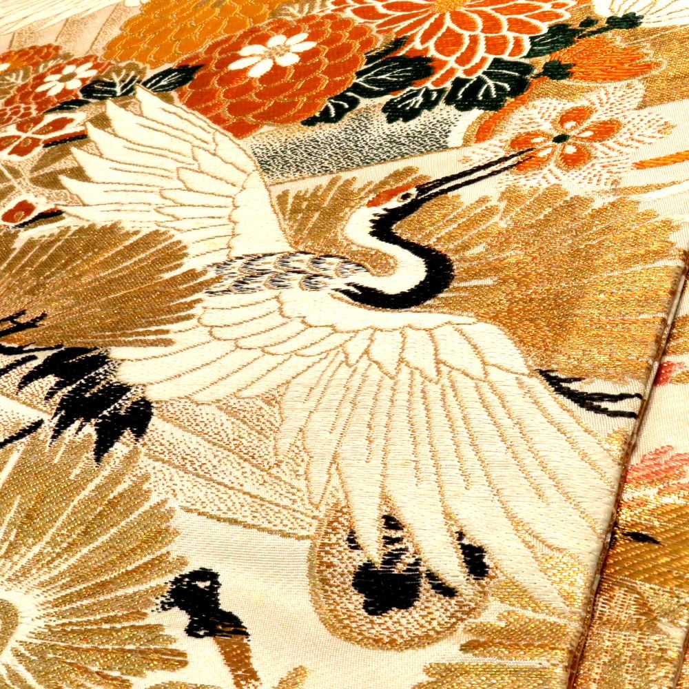丸帯 アンティーク帯 昔丸帯 絹 薄ベージュ×多色 御所車 鶴 松 花文様
