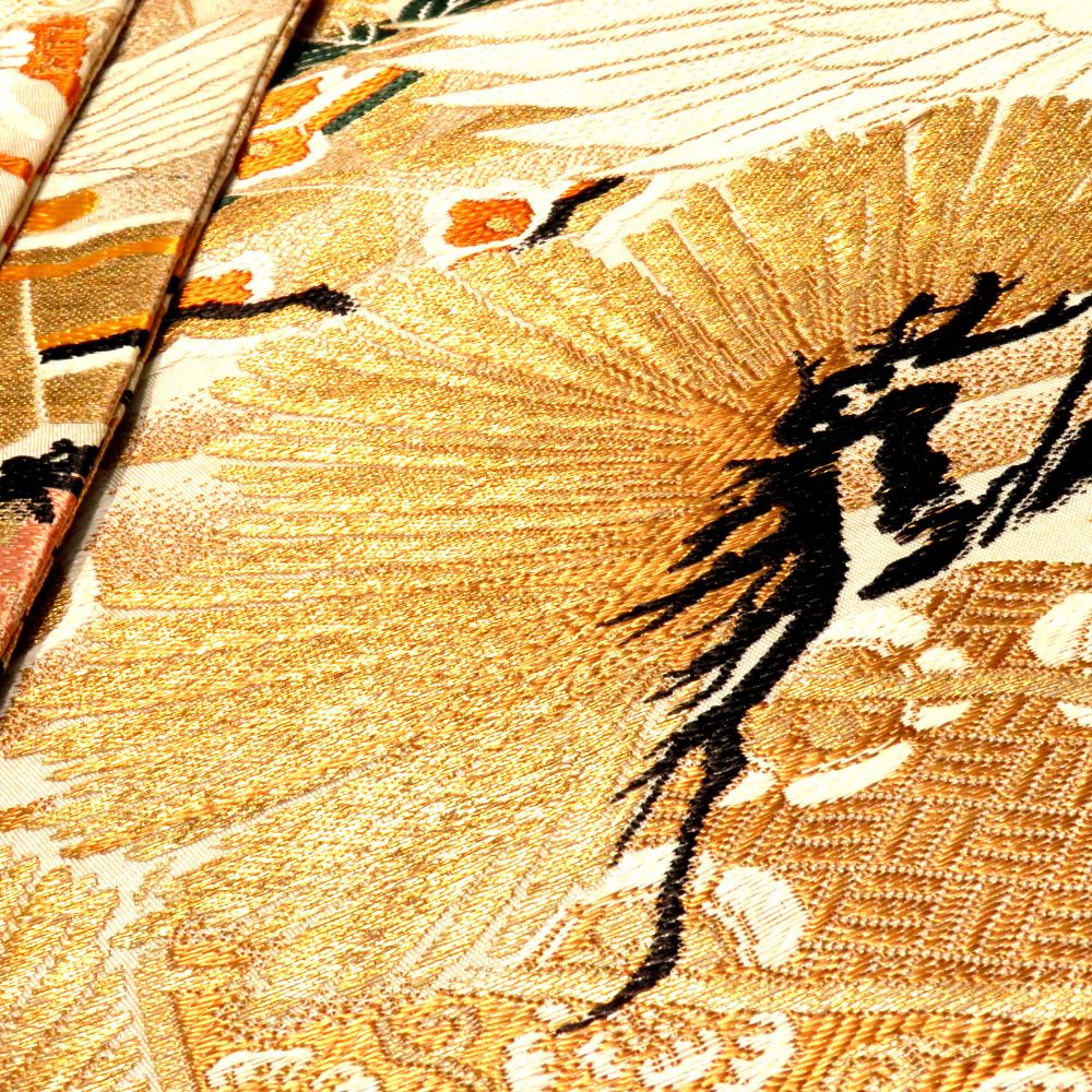 丸帯 アンティーク帯 昔丸帯 絹 薄ベージュ×多色 御所車 鶴 松 花文様