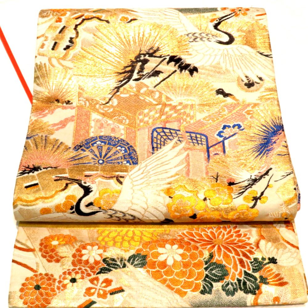 丸帯 アンティーク帯 昔丸帯 絹 薄ベージュ×多色 御所車 鶴 松 花文様