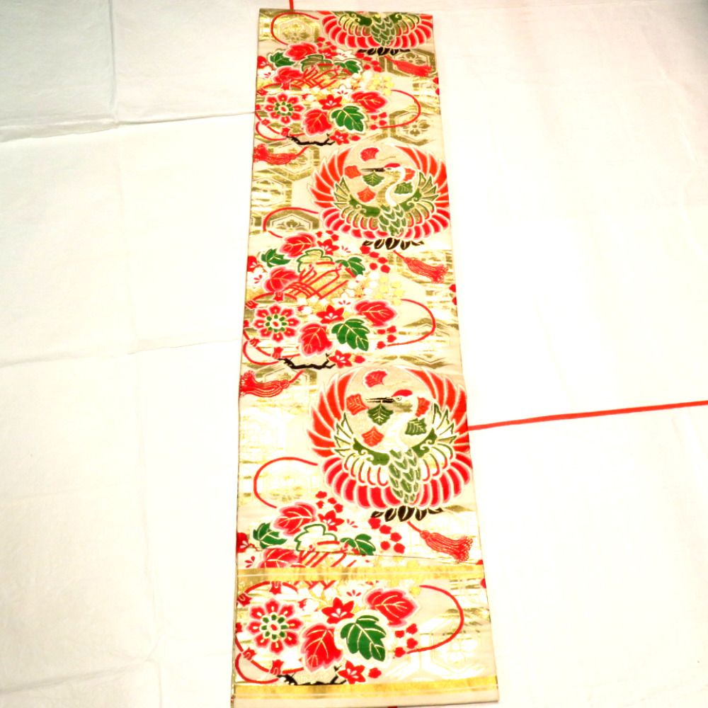 丸帯 アンティーク帯 昔丸帯 絹 薄ベージュ×多色 鼓 鶴 花文様 全通柄