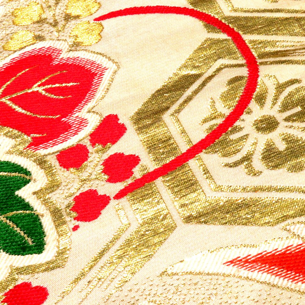 丸帯 アンティーク帯 昔丸帯 絹 薄ベージュ×多色 鼓 鶴 花文様 全通柄