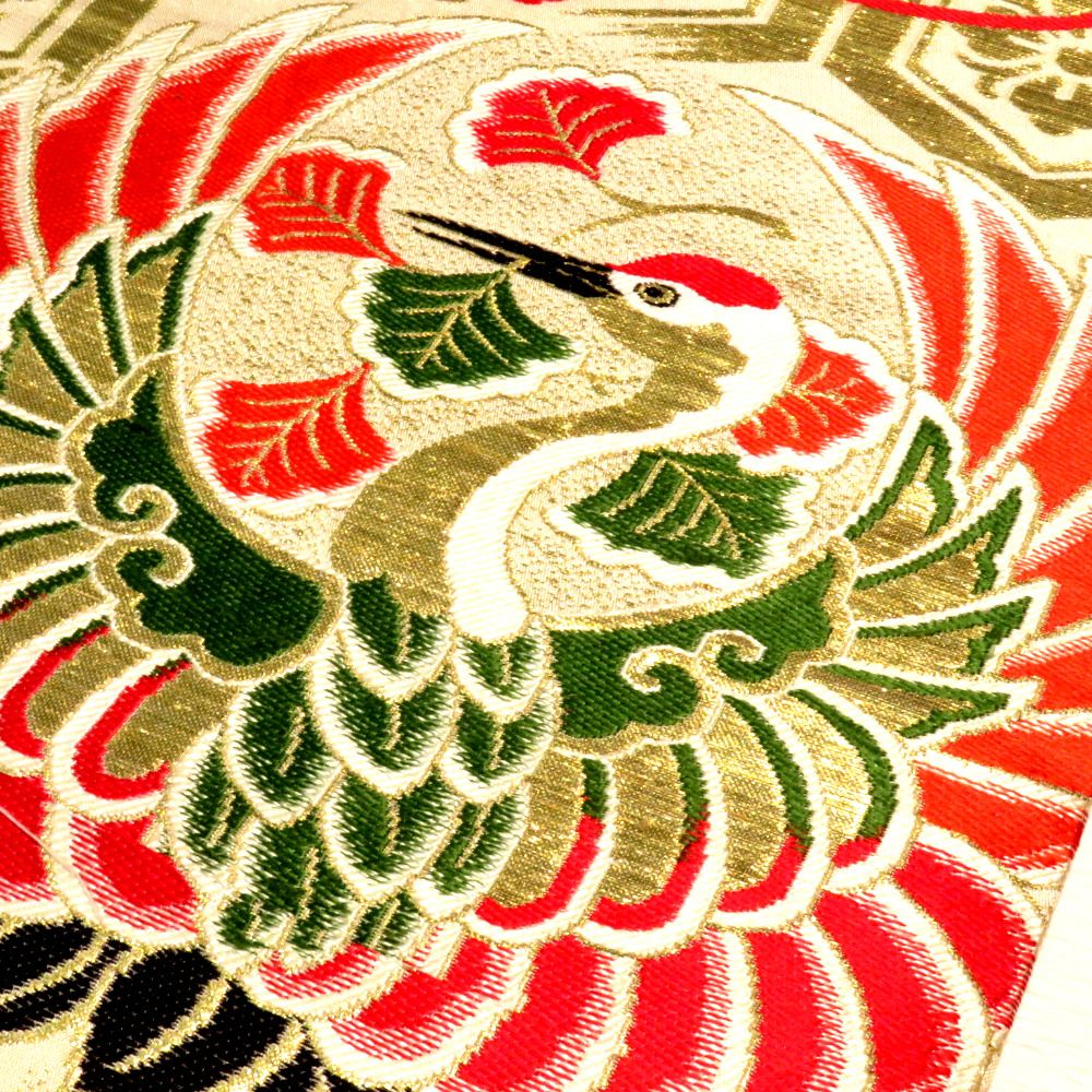 丸帯 アンティーク帯 昔丸帯 絹 薄ベージュ×多色 鼓 鶴 花文様 全通柄