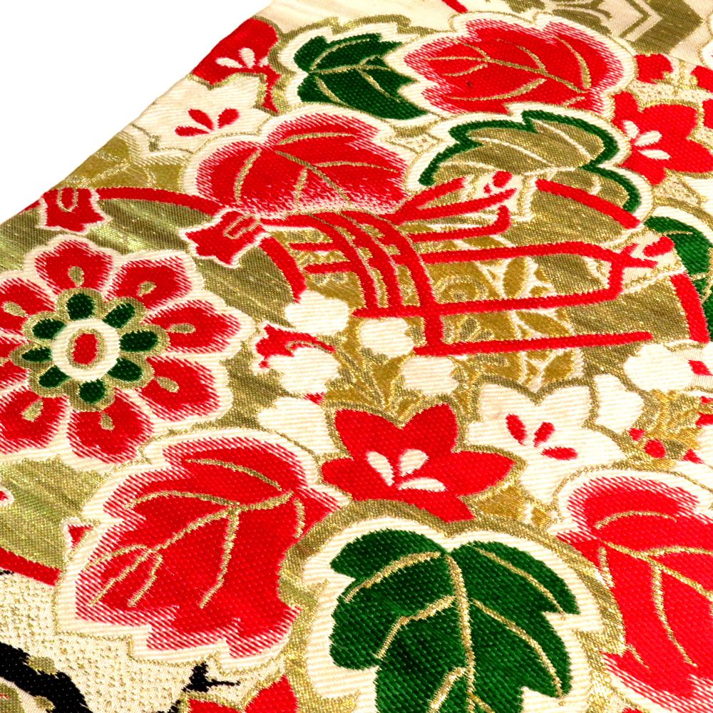 丸帯 アンティーク帯 昔丸帯 絹 薄ベージュ×多色 鼓 鶴 花文様 全通柄