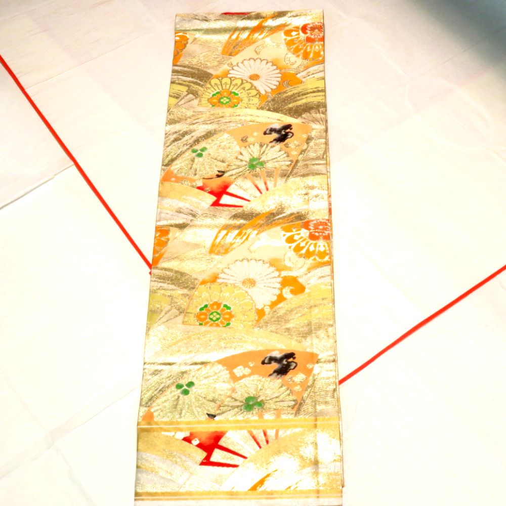 丸帯 アンティーク帯 昔丸帯 絹 金銀×多色 扇 花々文様 全通柄 昔帯