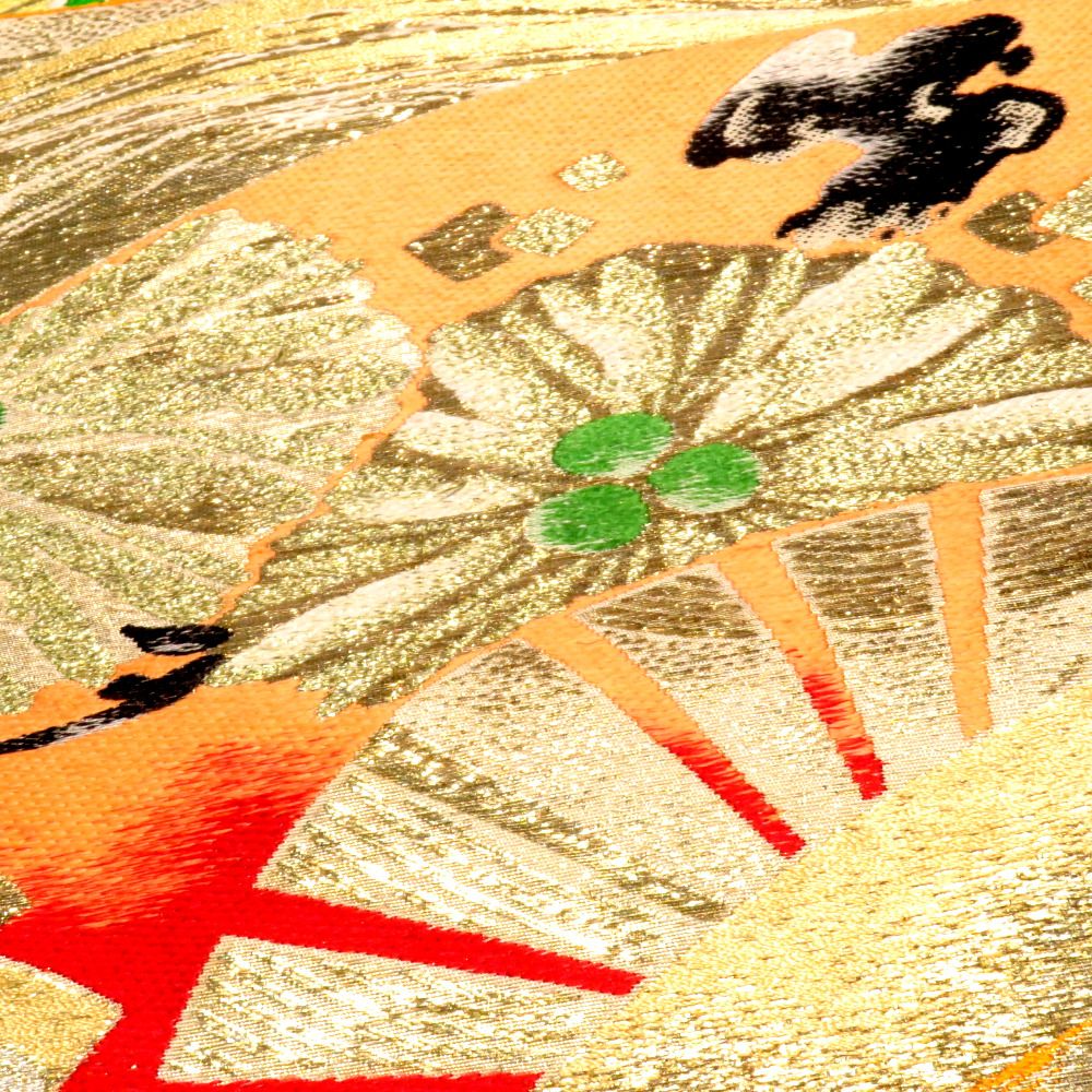 丸帯 アンティーク帯 昔丸帯 絹 金銀×多色 扇 花々文様 全通柄 昔帯