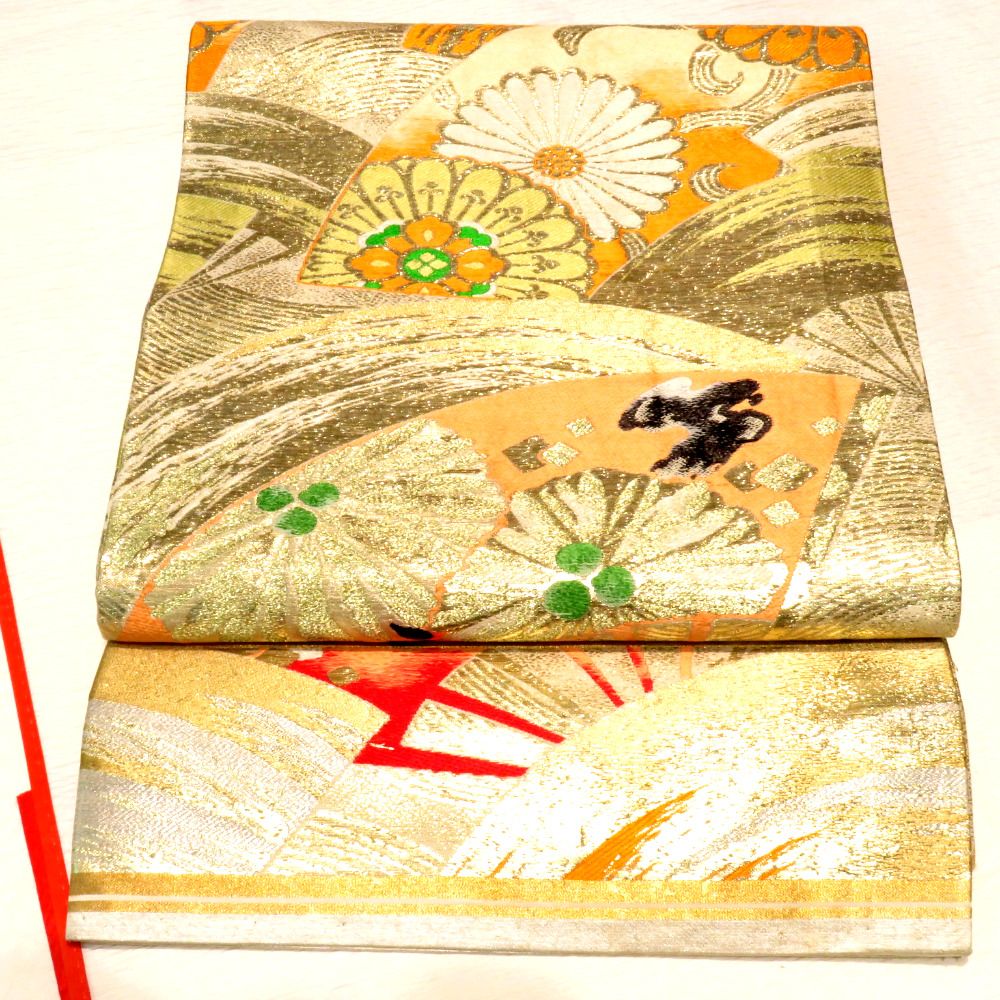 丸帯(大正もしくは昭和レトロ)正絹 丸帯 アンティーク帯 昔丸帯 絹 金銀×多色 扇 花々文様 全通柄 昔帯