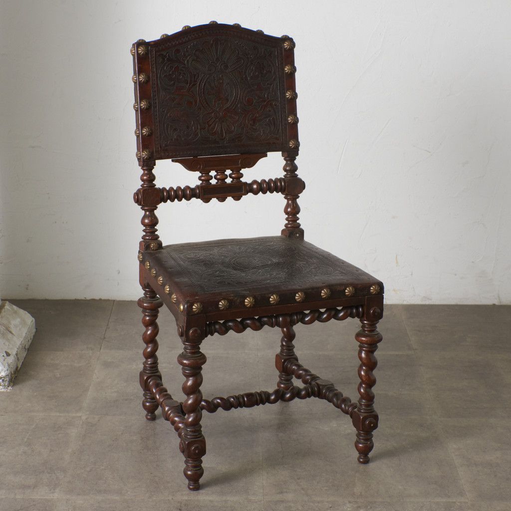 フランス アンティーク ダイニングチェア 本革 鋲打ち オーク 木製 木