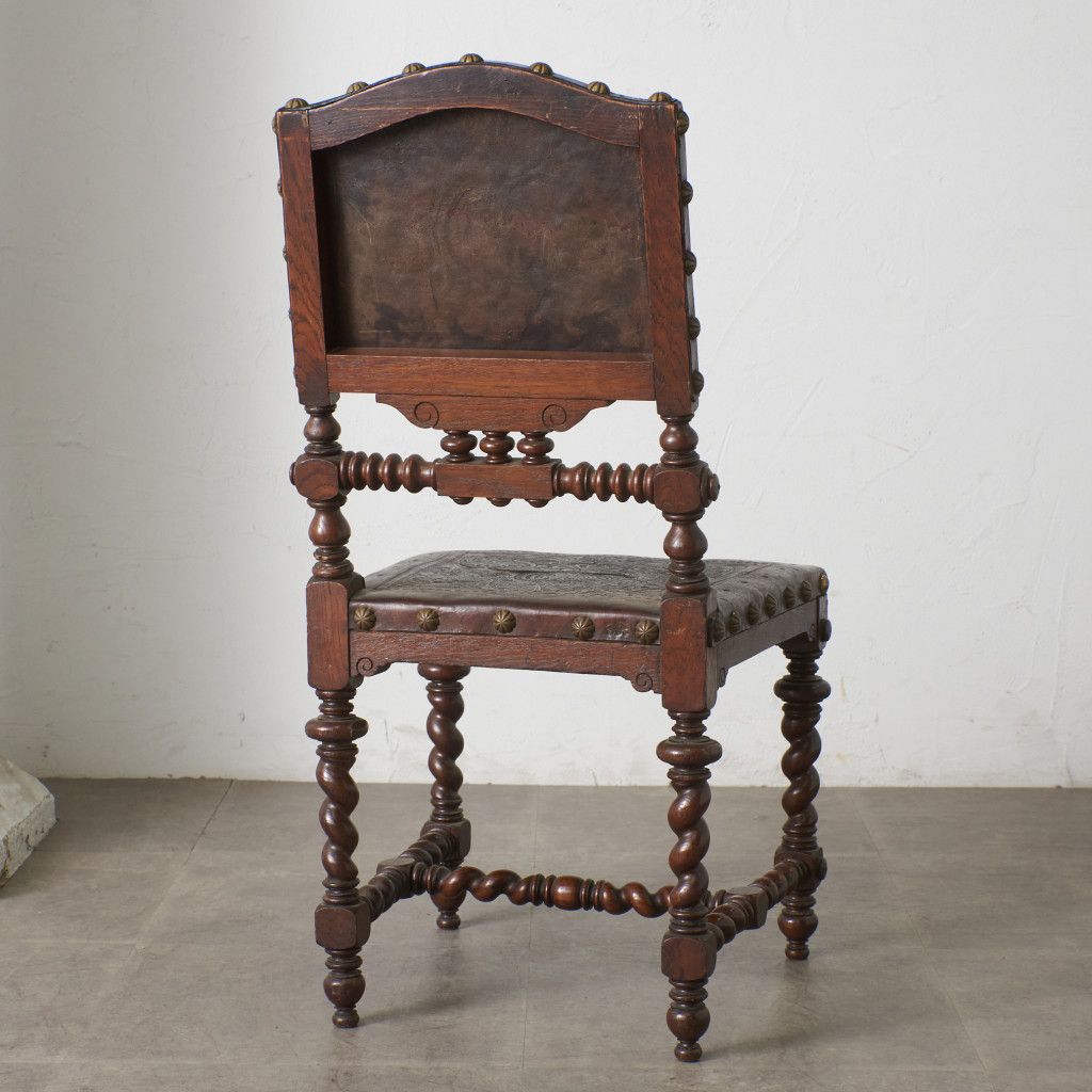 フランス アンティーク ダイニングチェア 本革 鋲打ち オーク 木製 木