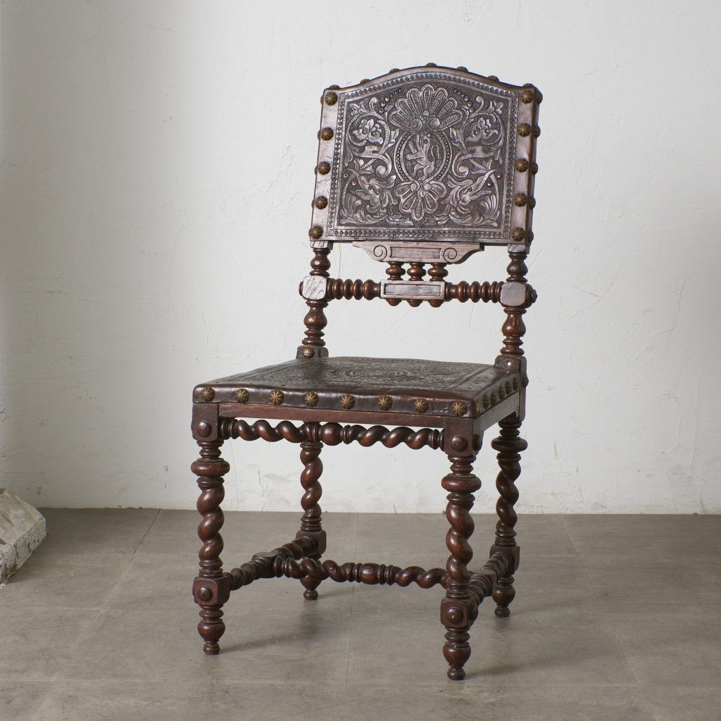 フランス アンティーク ダイニングチェア 本革 鋲打ち オーク 木製 木