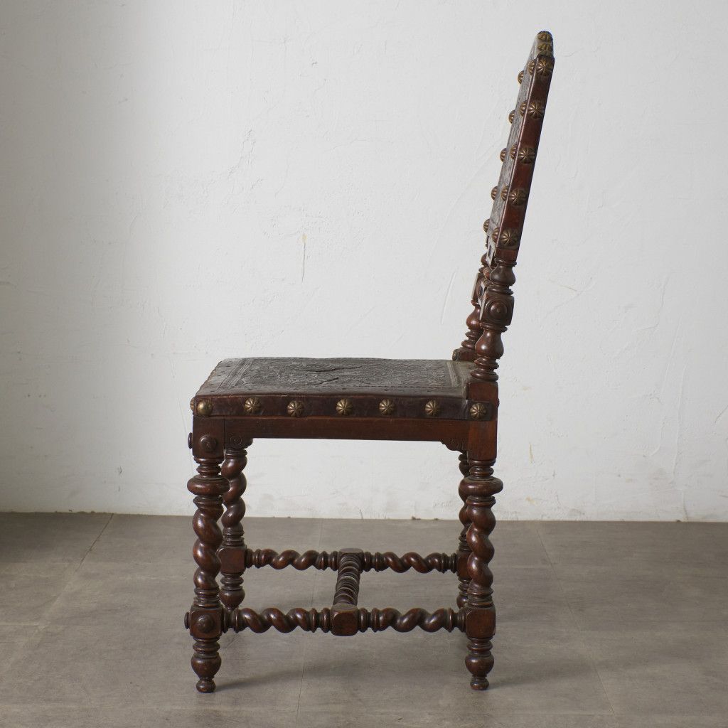 フランス アンティーク ダイニングチェア 本革 鋲打ち オーク 木製 木