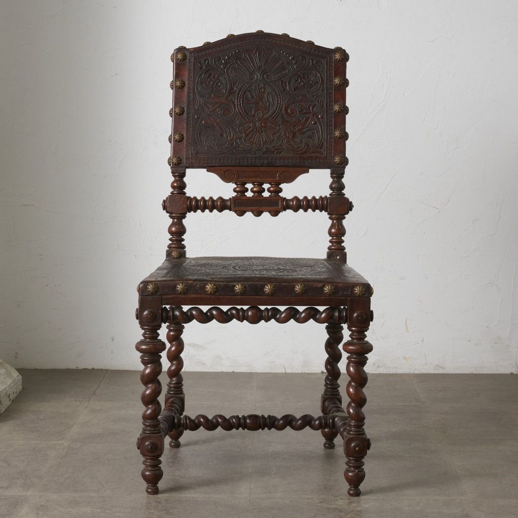 フランス アンティーク ダイニングチェア 本革 鋲打ち オーク 木製 木