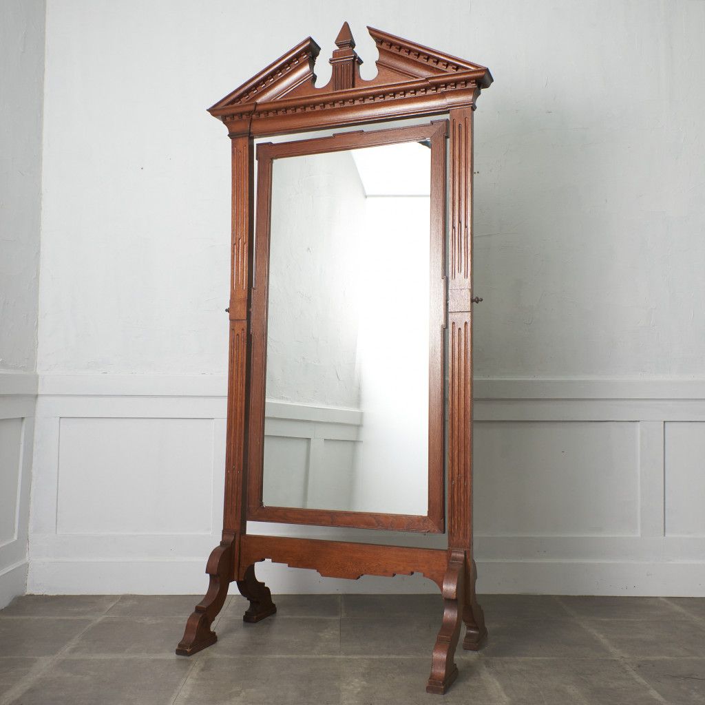 西欧 アンティーク 木彫刻 オーク スタンドミラー 姿見 大判 鏡 全身鏡