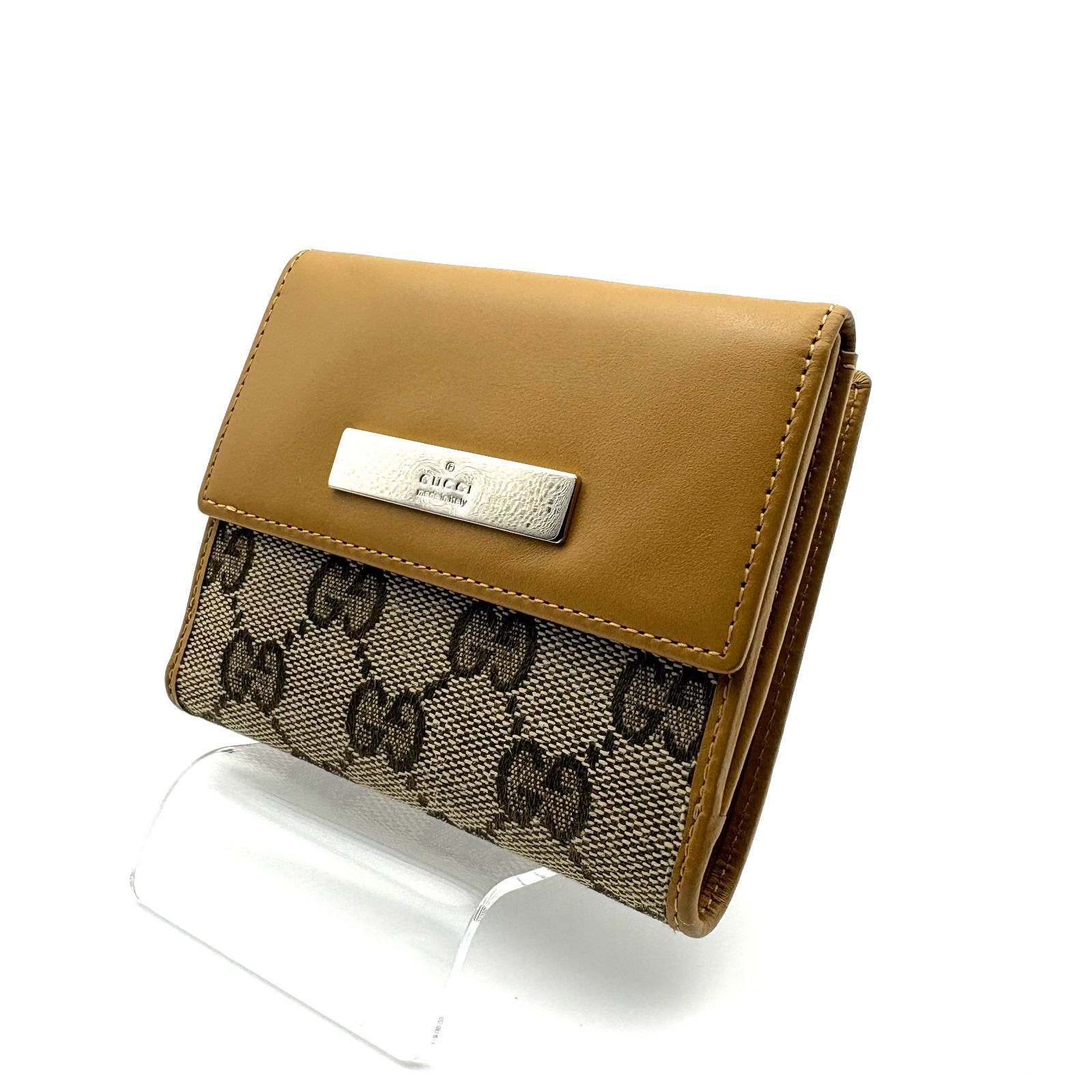 未使用品　箱付き　GUCCI グッチ　折り財布　レザー　シルバー金具　キャメル 極美品 】GUCCI グッチ GGキャンバス／レザー 二つ折り財布 コンパクト
