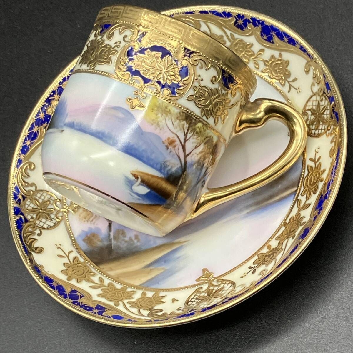 オールドノリタケ 大正昭和初期 カップ&ソーサー 金盛上げ コバルト