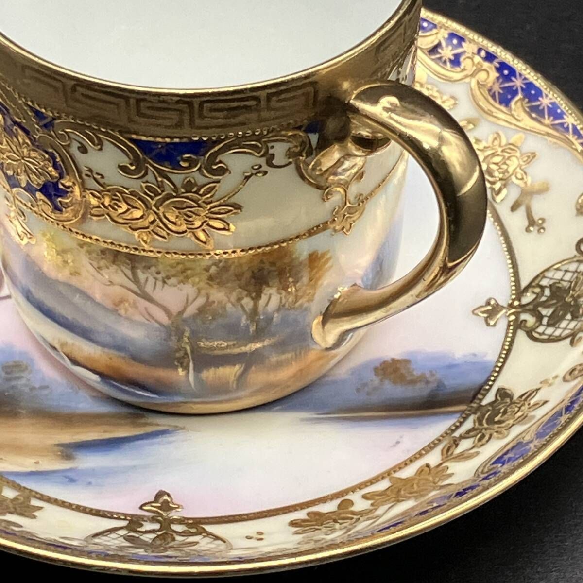 里帰り オールド ノリタケ コバルト 金盛湖畔白鳥図 双耳花瓶 R71123-4 オールドノリタケ シュガーポット ターコイズ湖畔風景白鳥図 金彩金盛