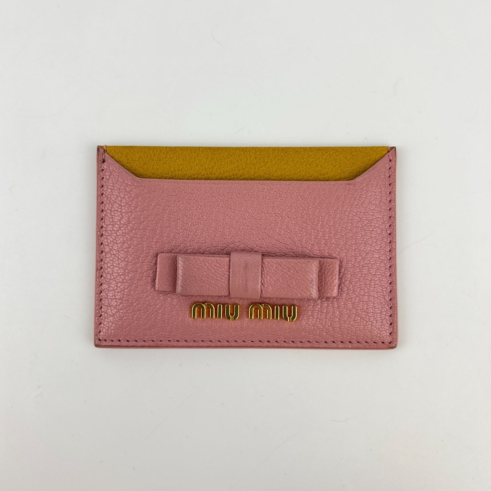 中古】miumiu ミュウミュウ リボン カードケース ピンク レザー 