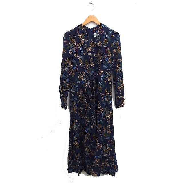 Laura Ashely 花柄ネイビー長袖ワンピース　ヴィンテージ ローラアシュレイ LAURA ASHLEY 花柄 フレア ワンピース リボン 長袖