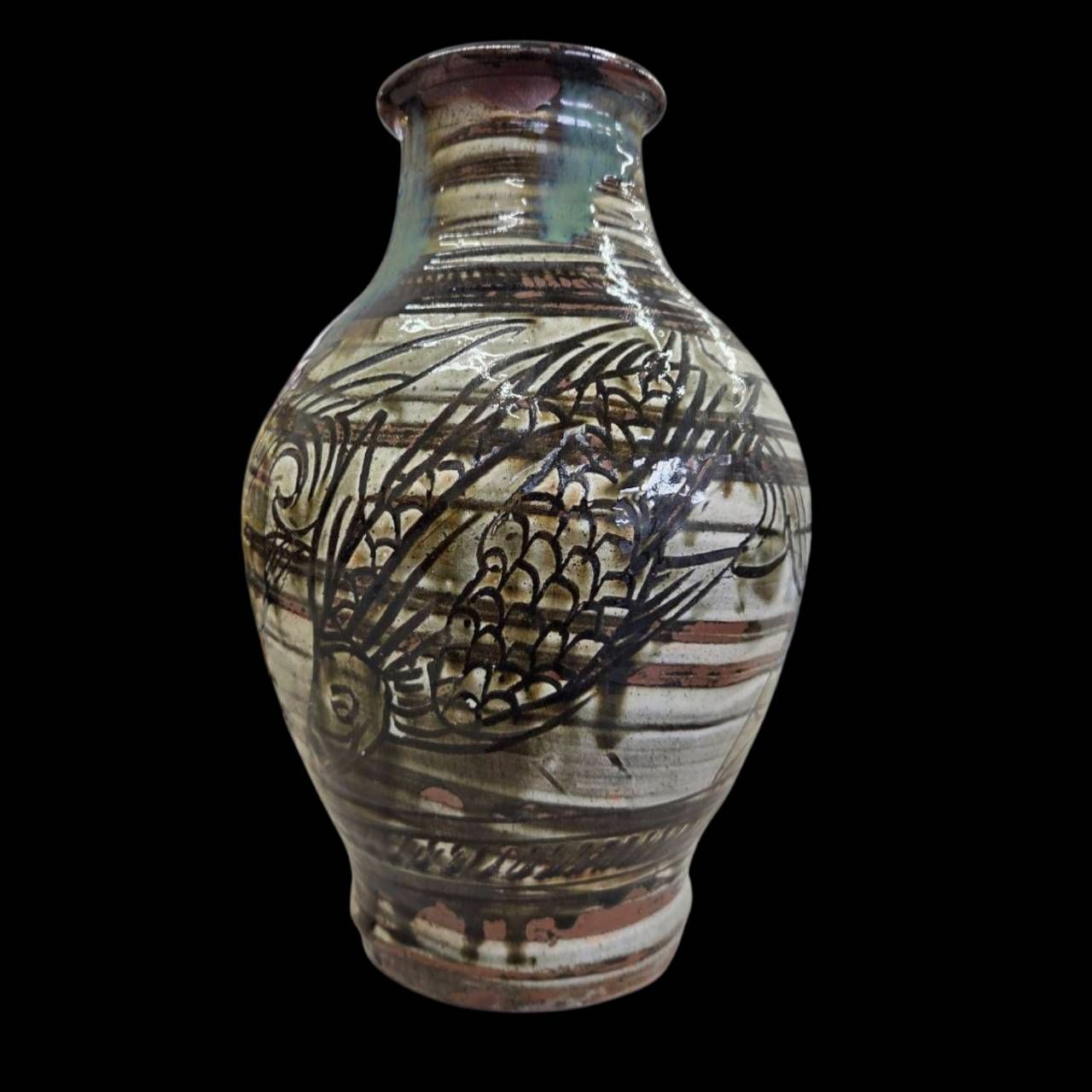 人間国宝 金城次郎 線彫魚海老文壺 壺屋焼 魚紋花瓶 琉球 やちむん