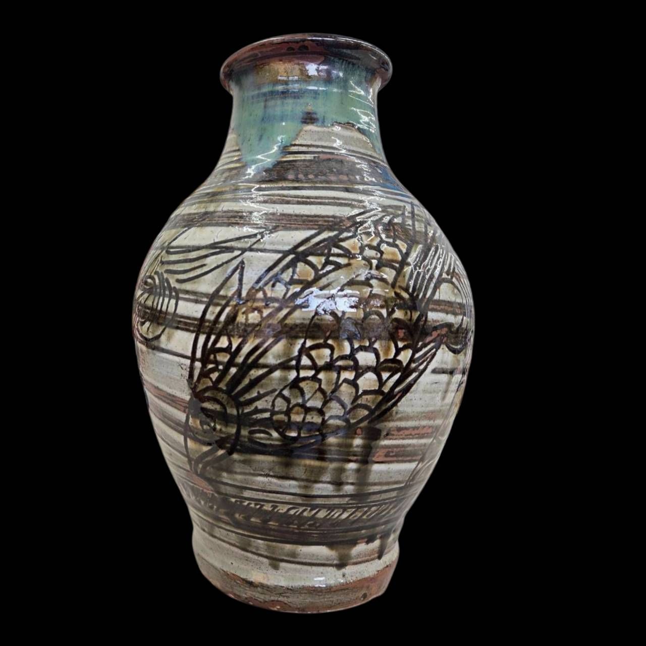 人間国宝 金城次郎 線彫魚海老文壺 壺屋焼 魚紋花瓶 琉球 やちむん