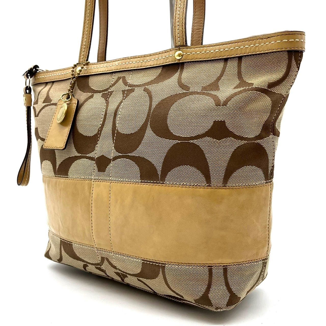 良品】COACH Y2K signature canvas leather beige brown tote bag 