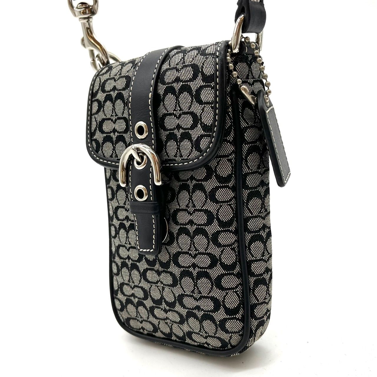 美品】COACH Y2K micro signature gray canvas black leather belt 
