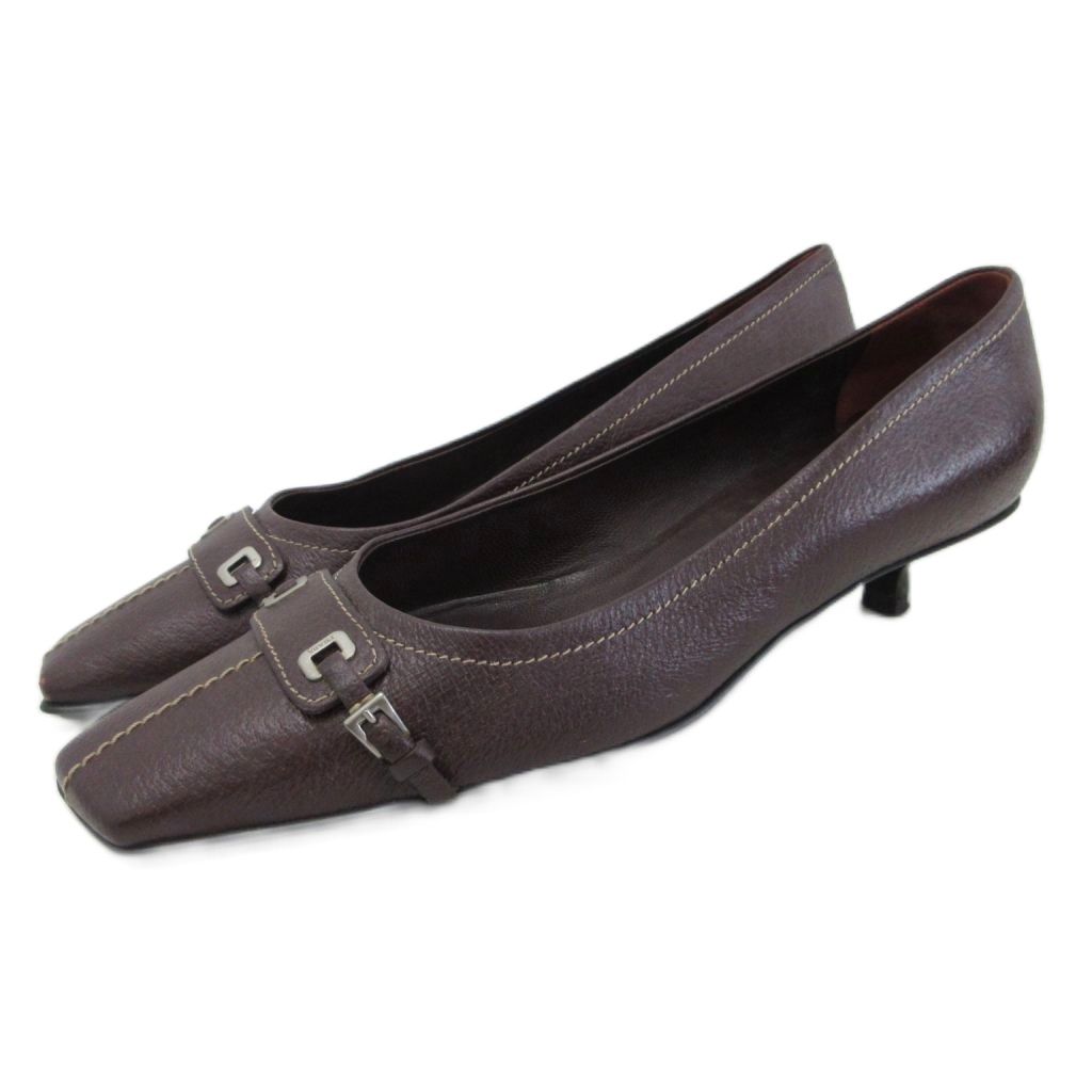 プラダ PRADA パンプス スクエアトゥ ローヒール レザー シルバー金具