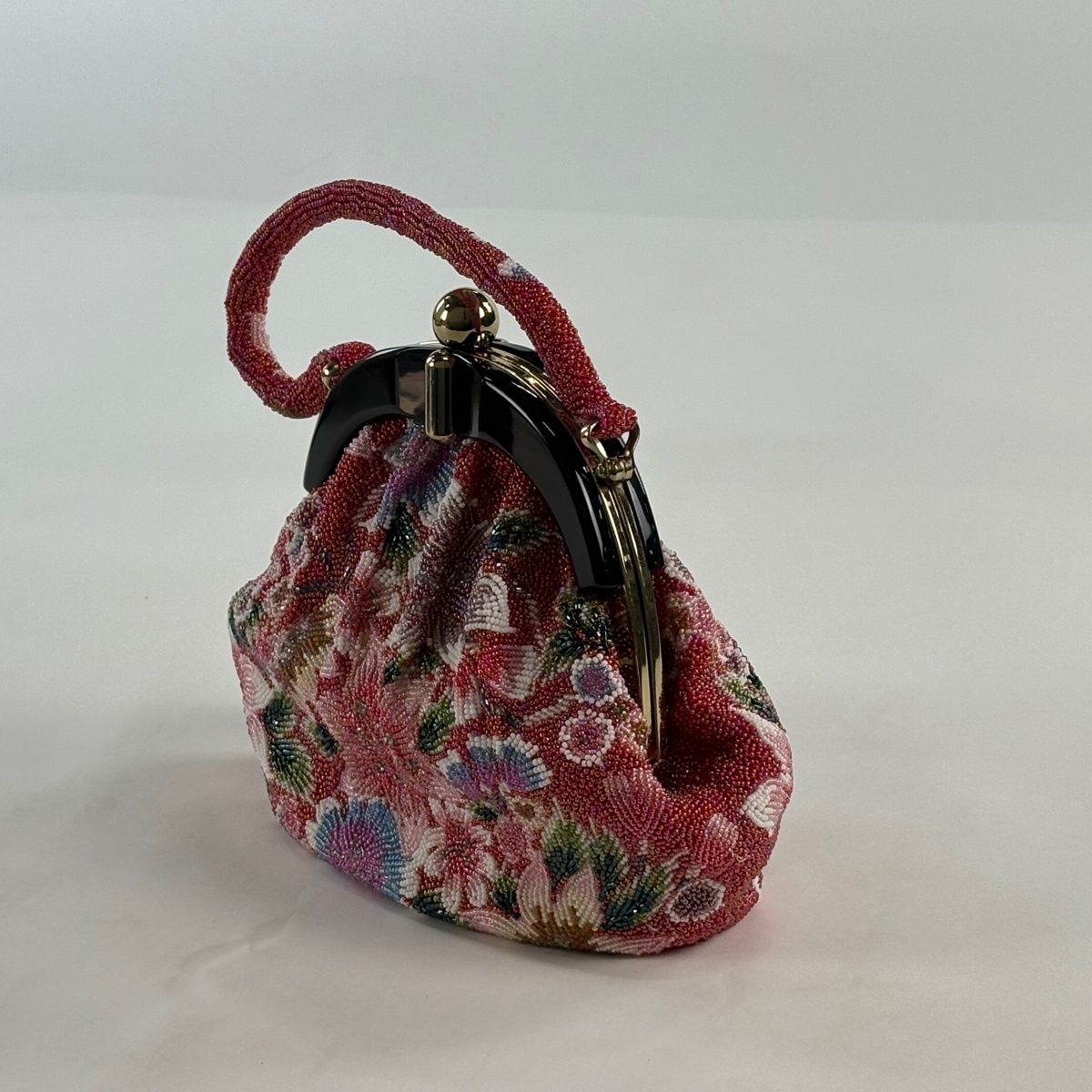 優品 ビーズバッグ フォーマル 和装バッグ 草花 美品 ビーズ 黒 和装 