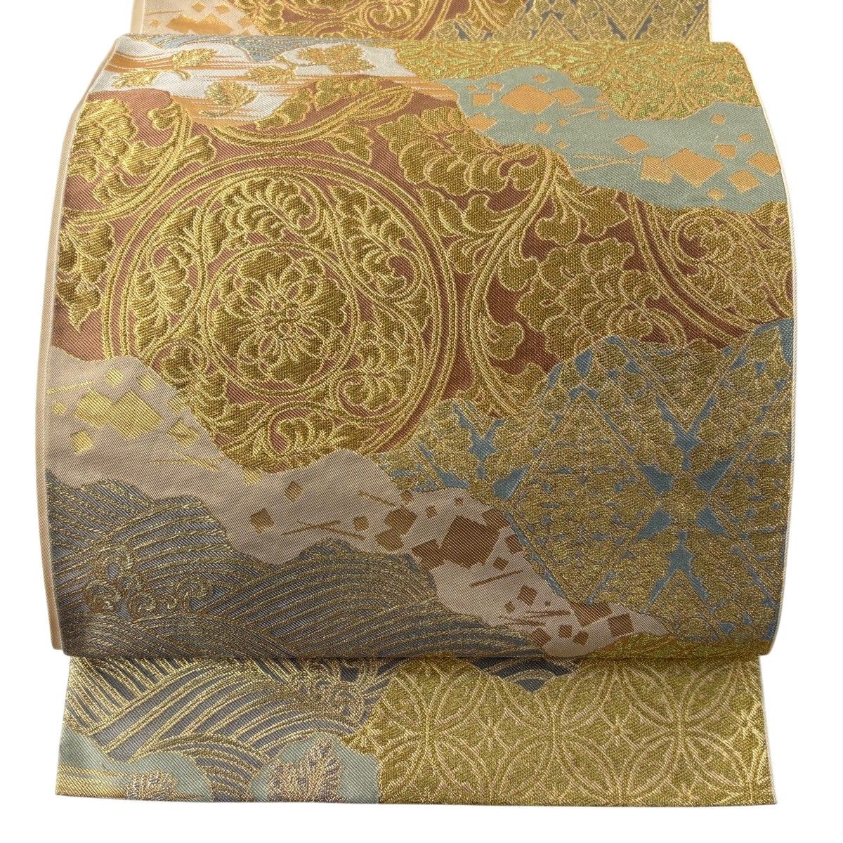 美品】 袋帯 名品 川島織物 落款 花唐草 七宝花菱 金銀糸 箔 ベージュ
