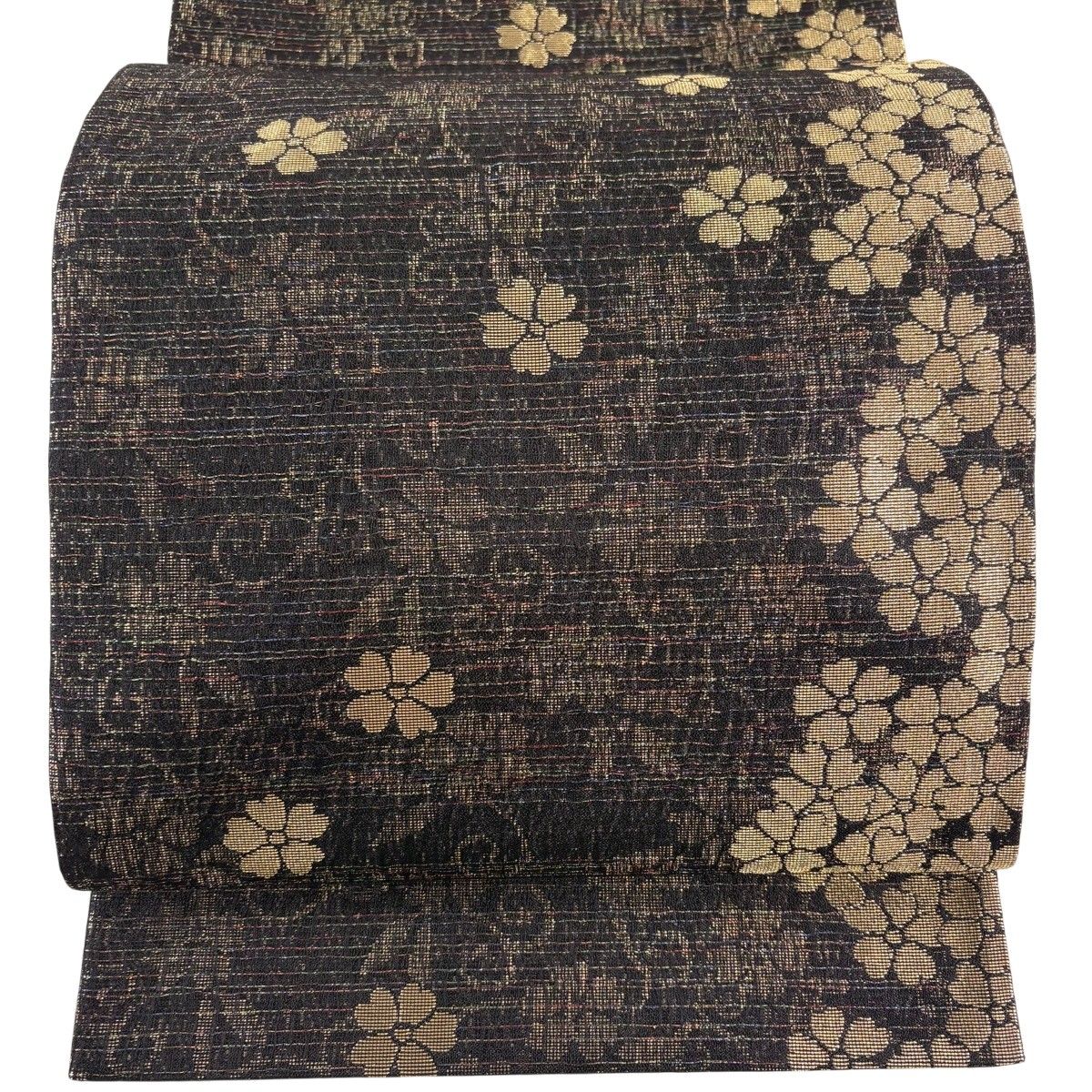袋名古屋帯（縞に梅鉢文）全通総柄　薄手で楽ちん　正絹美品 美品】 袋帯 名品 斉藤三才 落款 桜 縞 金糸 ラメ糸 黒 全通 正絹
