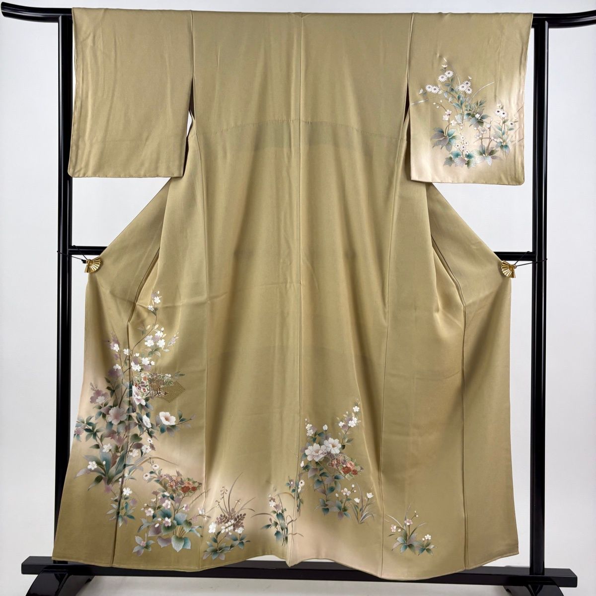 美品】 訪問着 身丈157cm 裄丈63cm S 袷 枝花 扇面 刺繍 金糸 茶 美品】 訪問着 身丈157cm 裄丈63cm S 袷 枝花 扇面 刺繍 金糸 茶