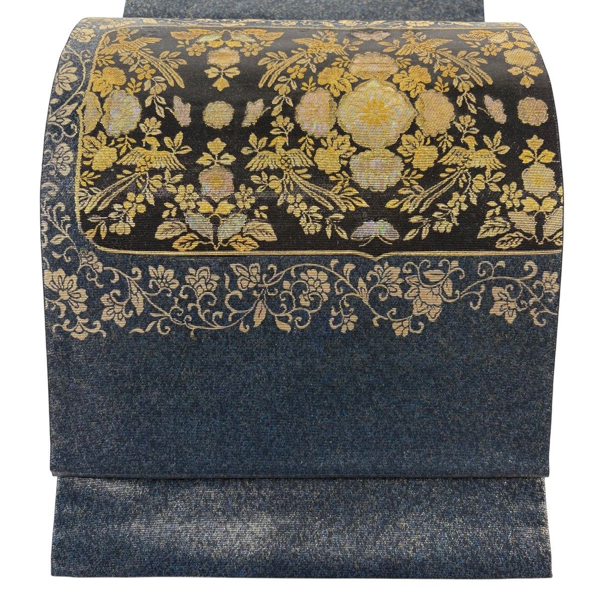 美品】 袋帯 秀品 鈴乃屋 華文 鳥 螺鈿箔 紺色 お太鼓柄 正絹 【中古