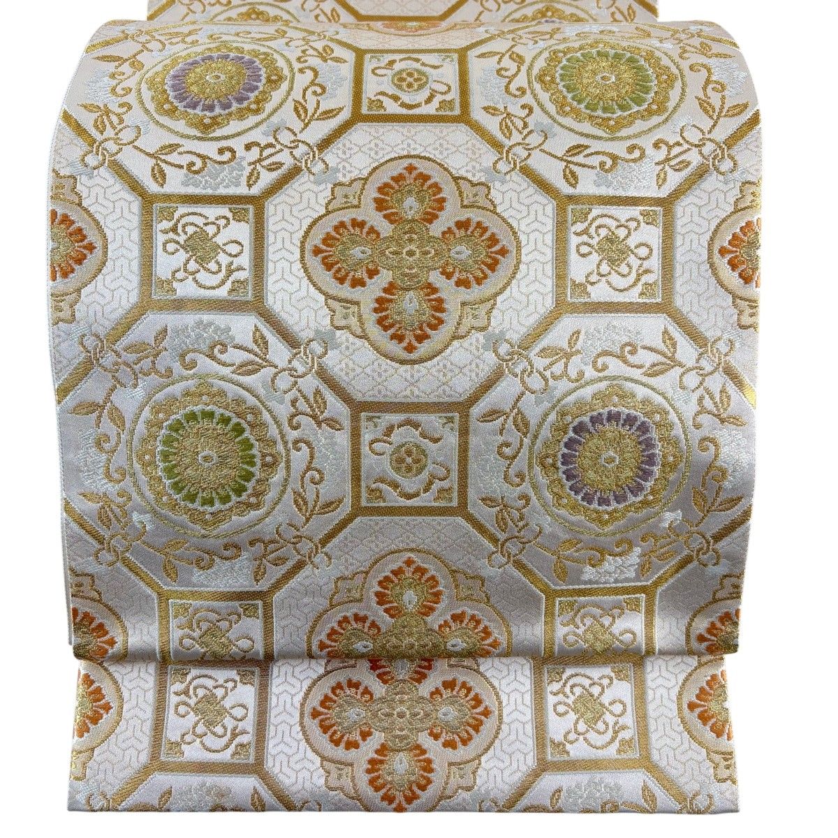 408my96☆加納幸 袋帯 金糸 蜀江 唐花 唐草 作家物☆美品 美品】 袋帯 秀品 落款 本家加納 蜀江華文 草花 刺繍 金糸 ベージュ 六